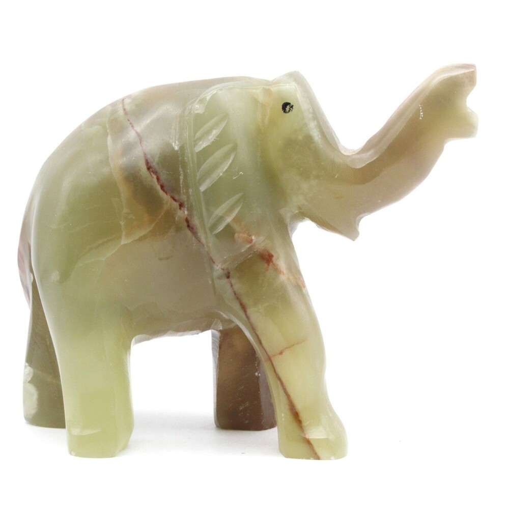 Trunk Up Elephant Figurine Hand Carved Green Onyx Natural Stone Vintage 3.5"